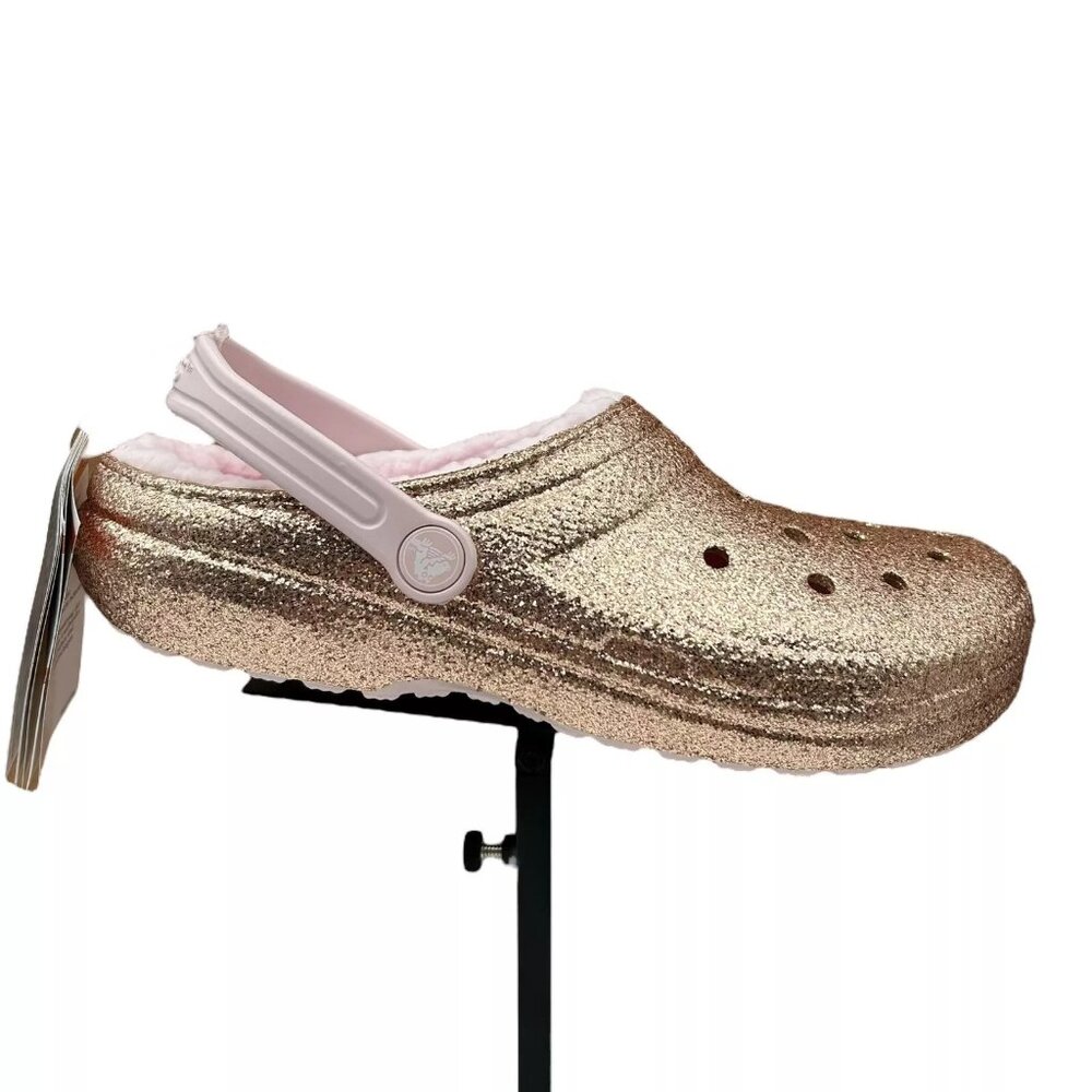Crocs Youth Girls Slip-on Lined Clogs Sz 6 (J6) Gold Glitter Faux Fur Fuzzy Warm
